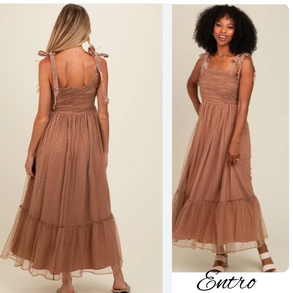 entro Dresses & Skirts - Entro Camel Polka Dotted Mesh Overlay Shoulder Tie Maxi Dress Medium Fairycore